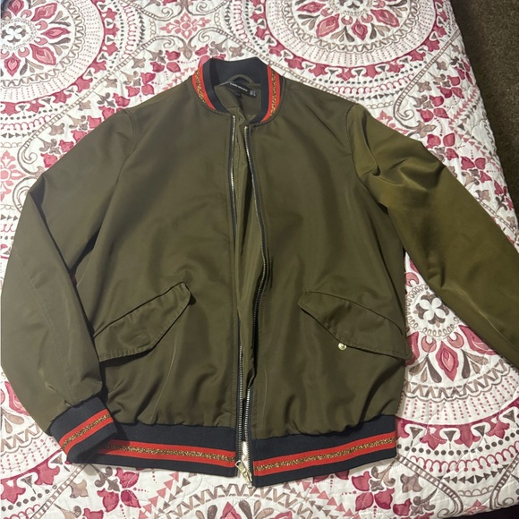 Zara Olive Bomber Jacket with Red Accents - Picture 1 of 5